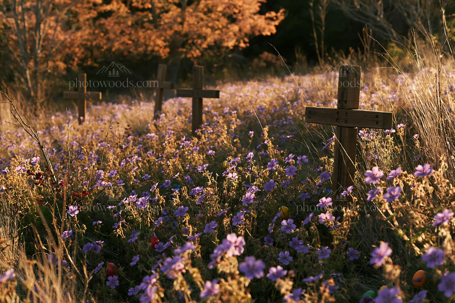 Multiple Christian crosses in Christmas meadow with purple flowers - AI-generated stock image