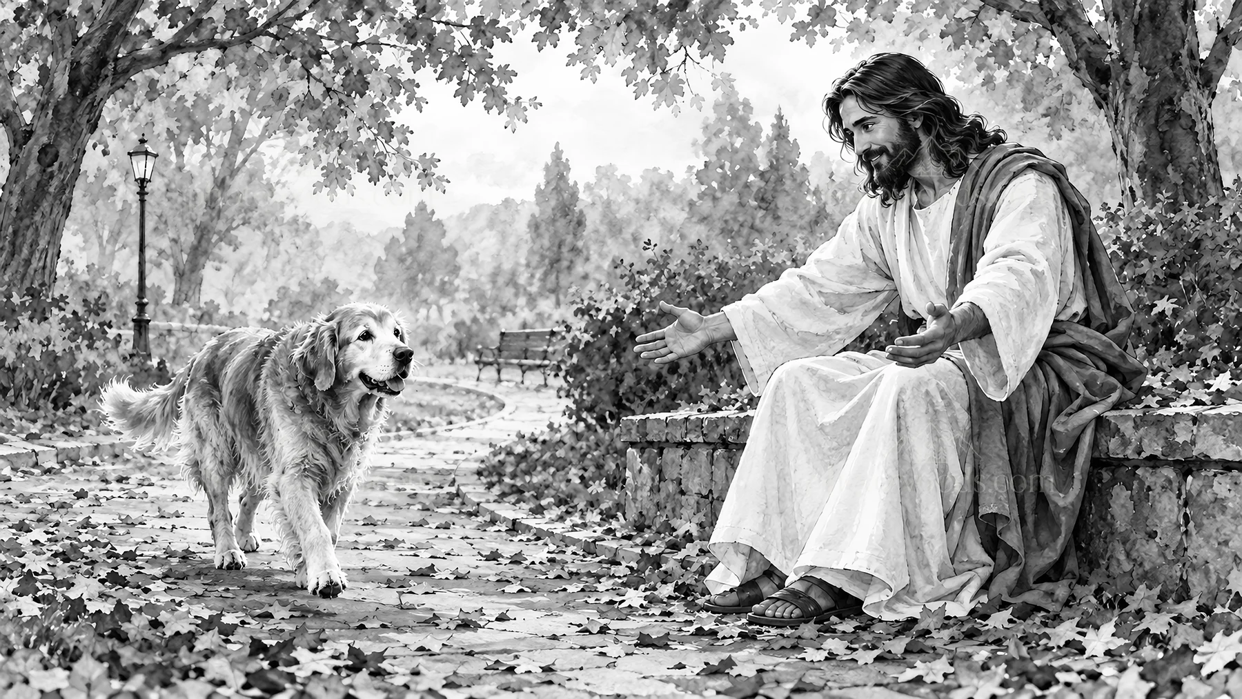 Jesus Christ welcoming a dog in a peaceful park setting - AI-generated stock image