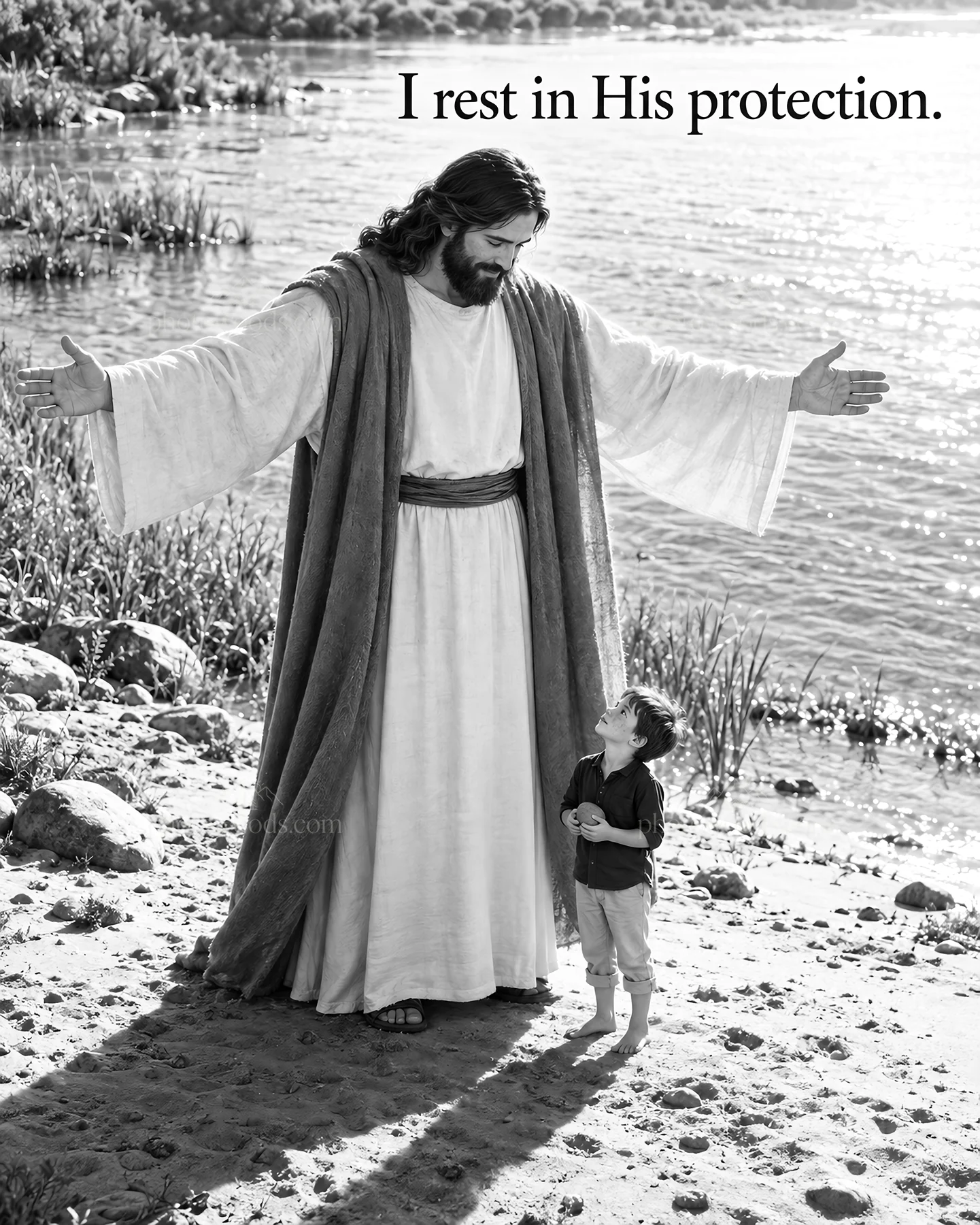 Jesus Christ welcomes a child by the water - AI-generated stock image
