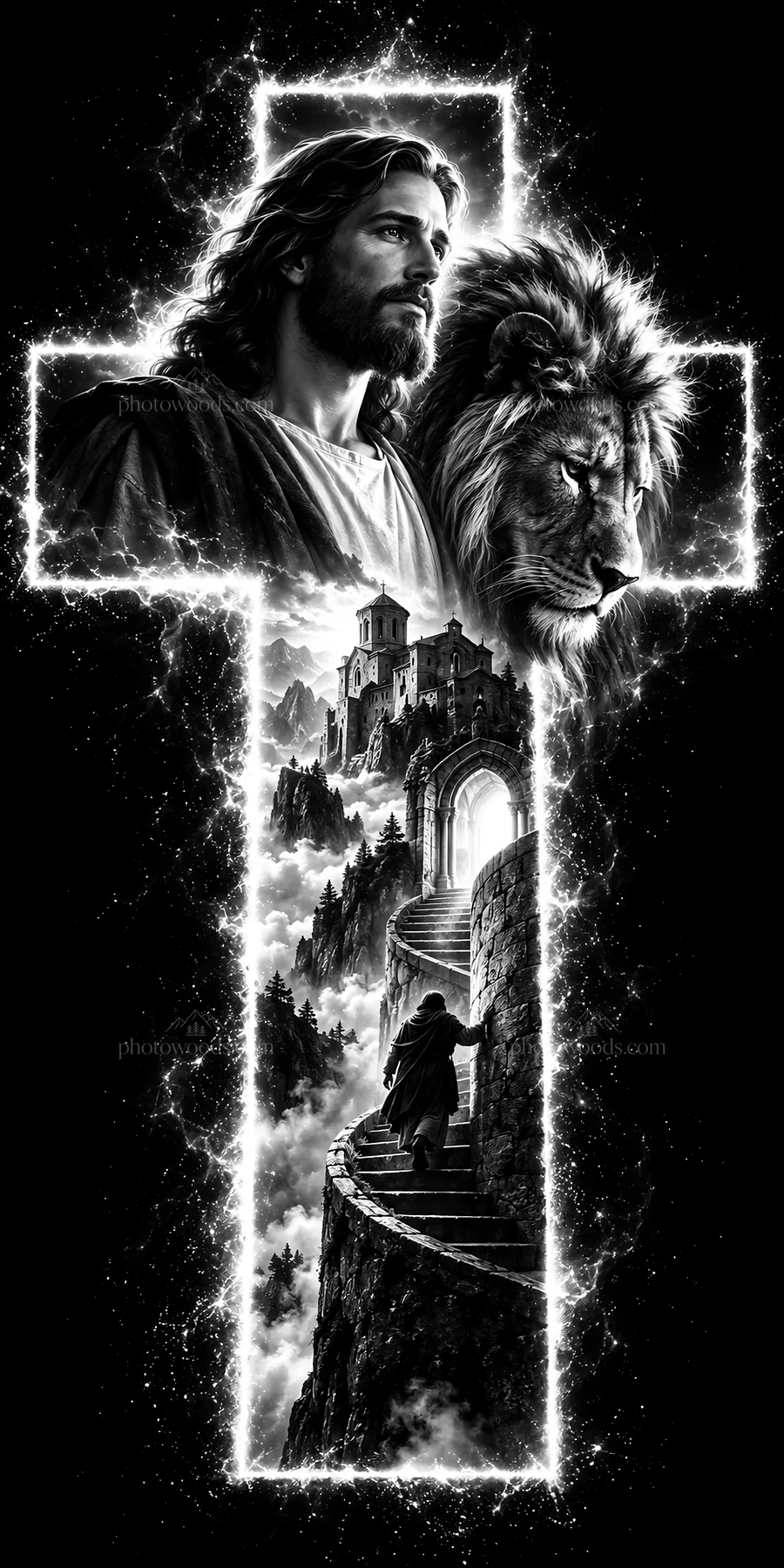 Jesus Christ with lion in a cross-shaped scene - AI-generated stock image