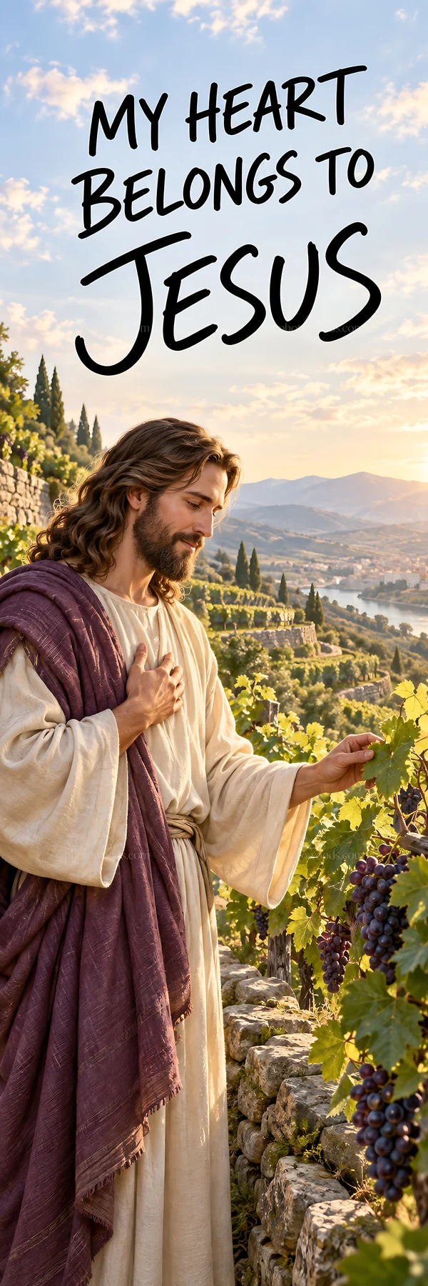 Jesus Christ tending to the vines in a vineyard - AI-generated stock image