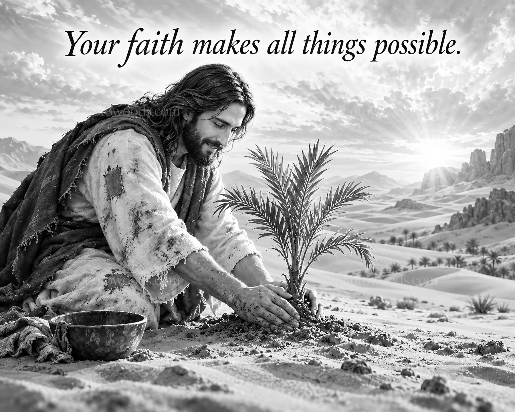 Jesus Christ planting a palm tree in a desert landscape - AI-generated stock image