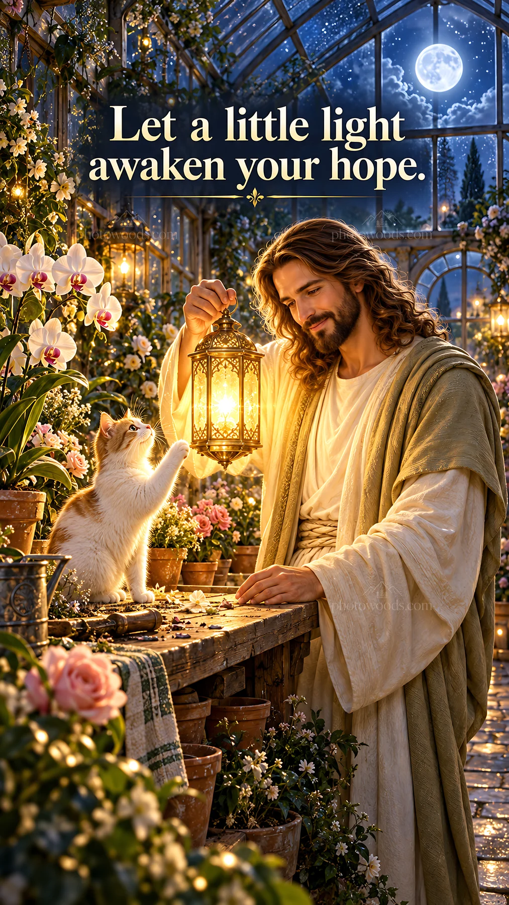 Jesus Christ sharing light and hope in a garden setting - AI-generated stock image