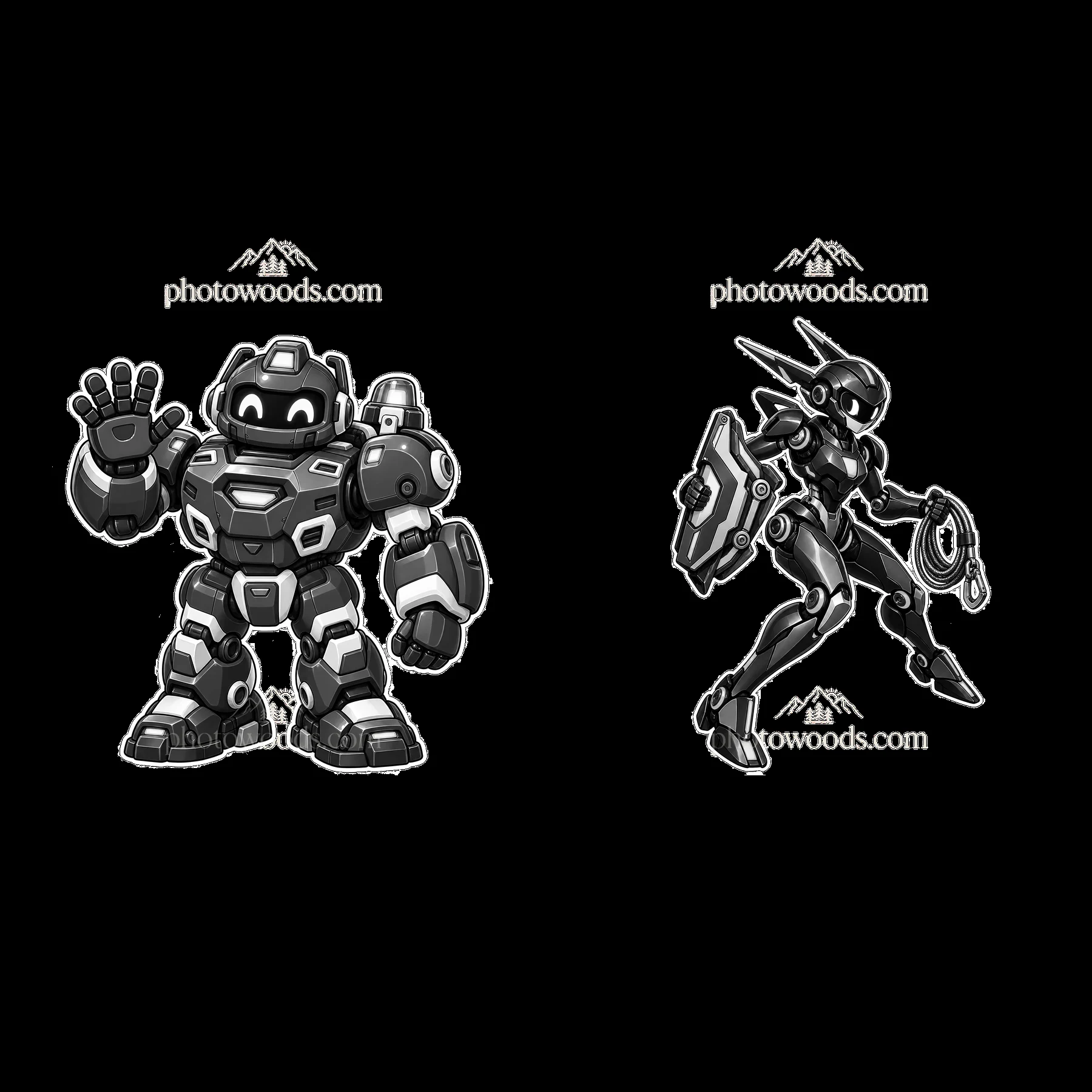 Mech robots waving and holding a shield in a monochrome design - AI-generated stock image