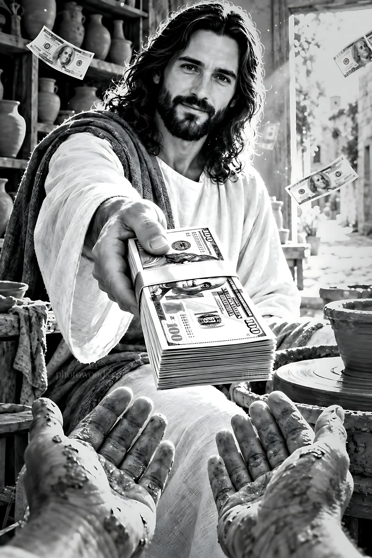Man offers money at a pottery workshop - AI-generated stock image