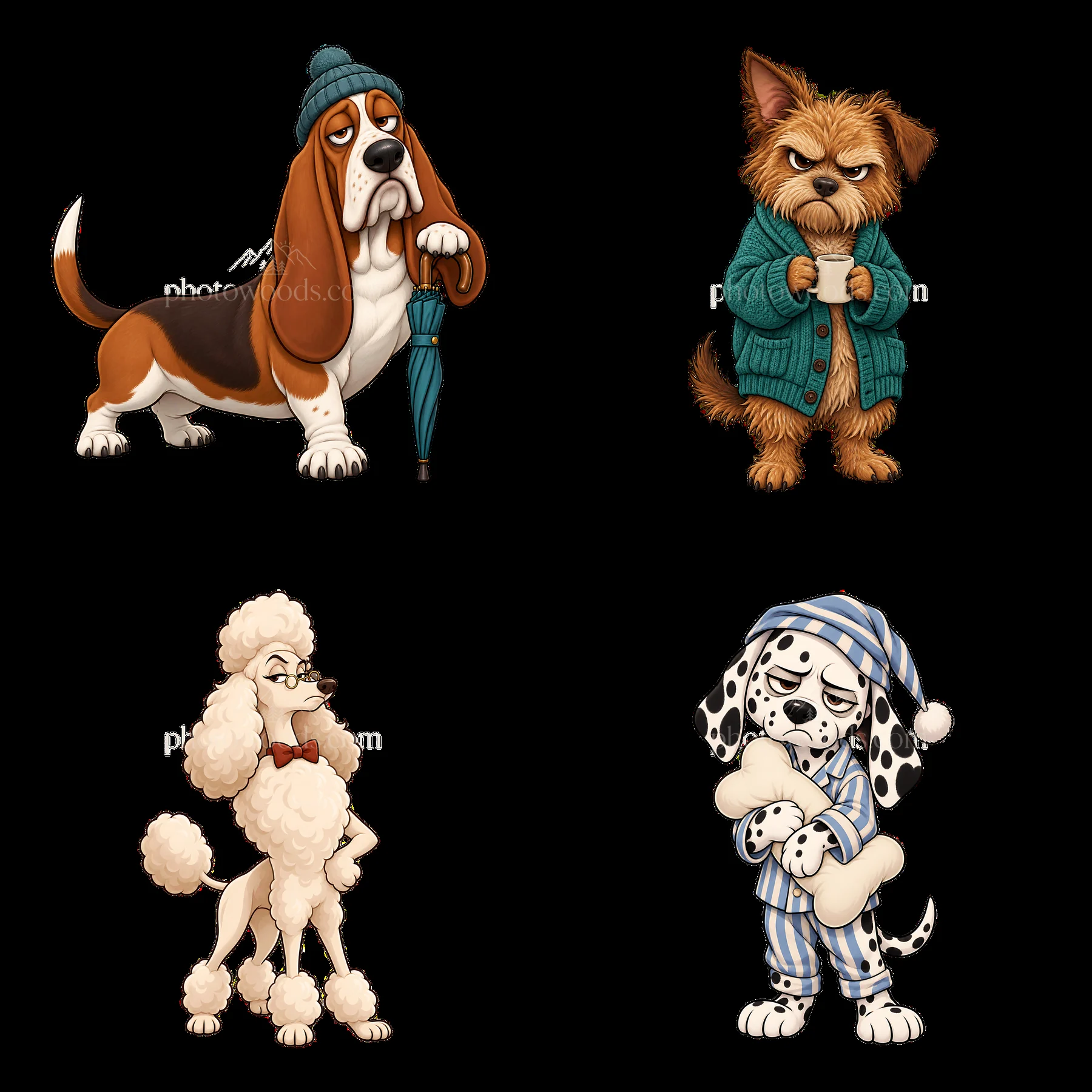 Grumpy dog cartoon sticker collection with distinct characters - AI-generated stock image