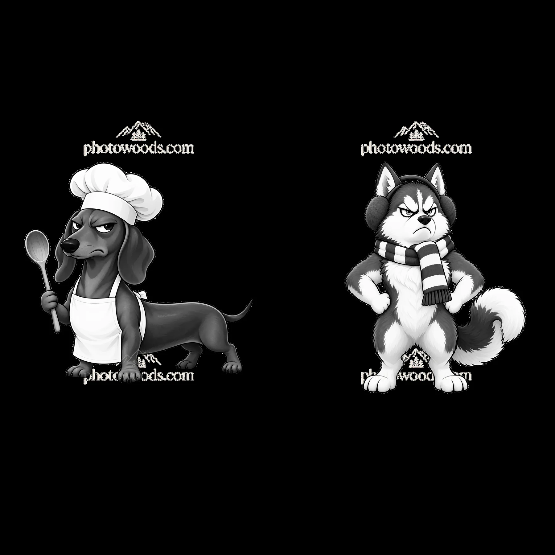 Grumpy dog chef and annoyed husky with winter accessories - AI-generated stock image