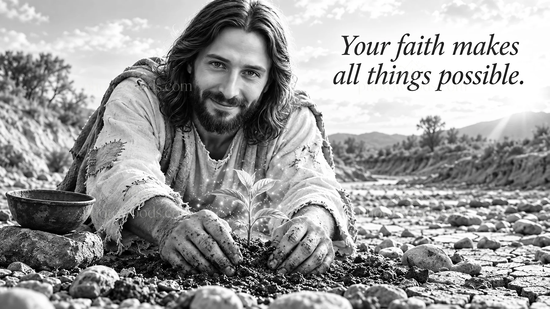 Jesus Christ planting a seed in dry soil - AI-generated stock image