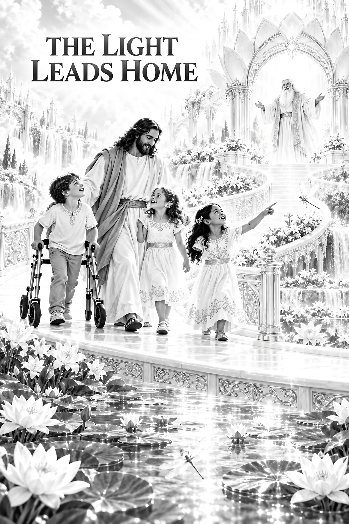 Jesus Christ walking with children along a path to light - AI-generated stock image