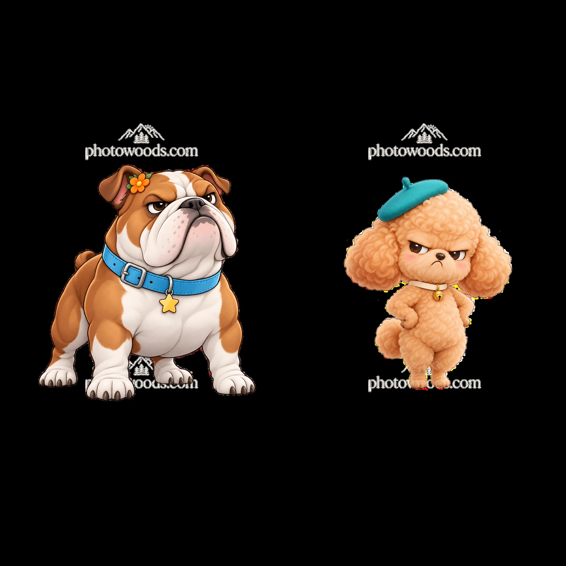 Kawaii grumpy dog duo with a bulldog and poodle on display - AI-generated stock image