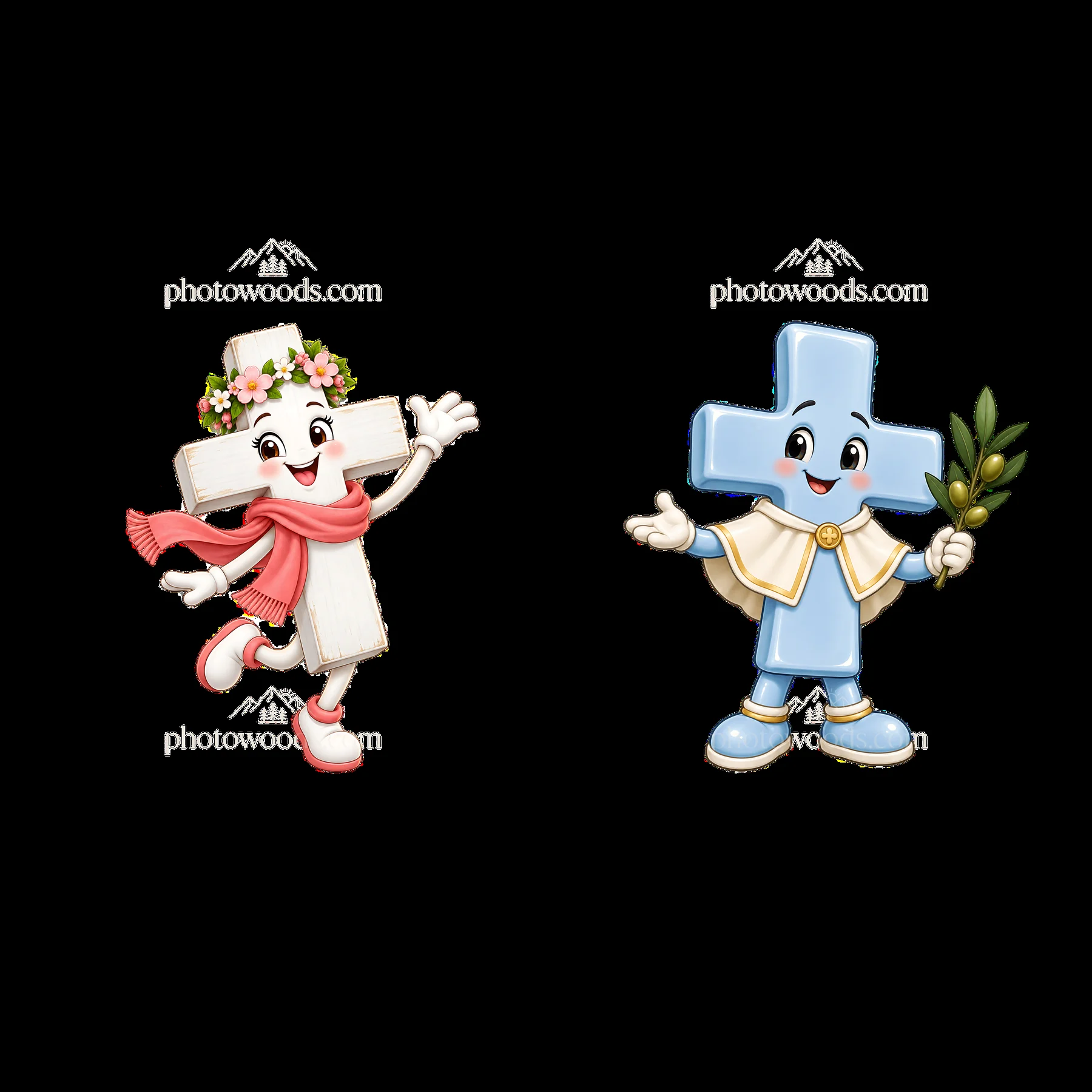 Easter crosses with white and blue colors in cheerful poses - AI-generated stock image