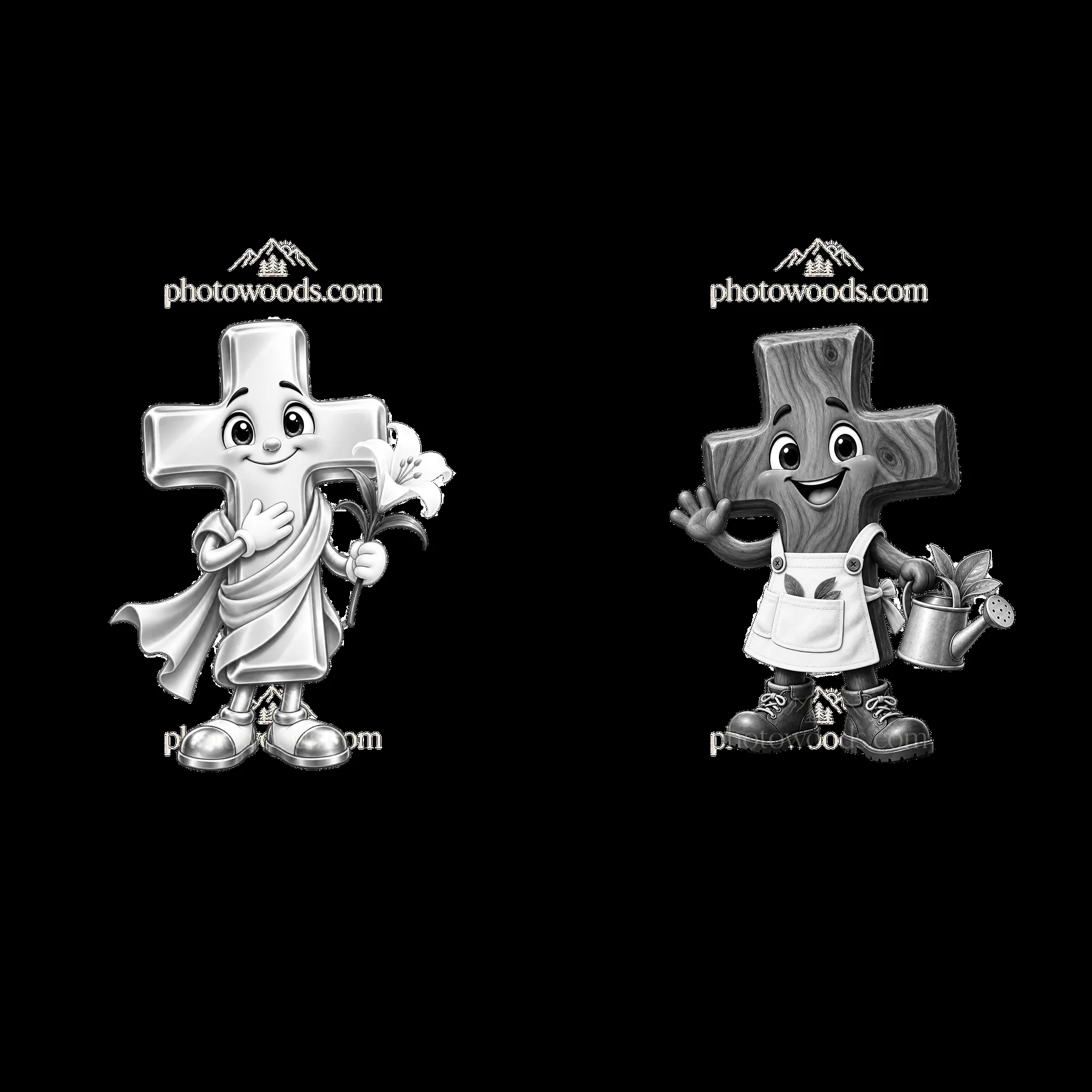 Easter cross characters holding flowers and watering can - AI-generated stock image