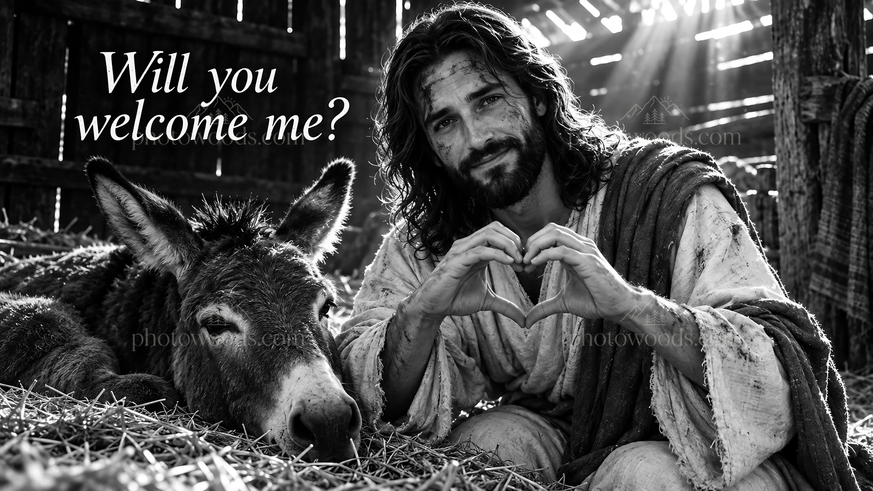 Jesus Christ inviting connection in a barn setting - AI-generated stock image