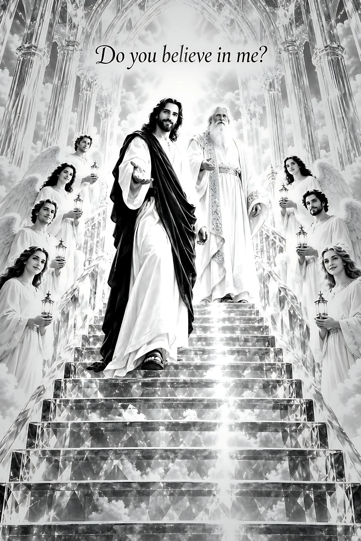 Figures on stairs in a heavenly setting with a text prompt - AI-generated stock image