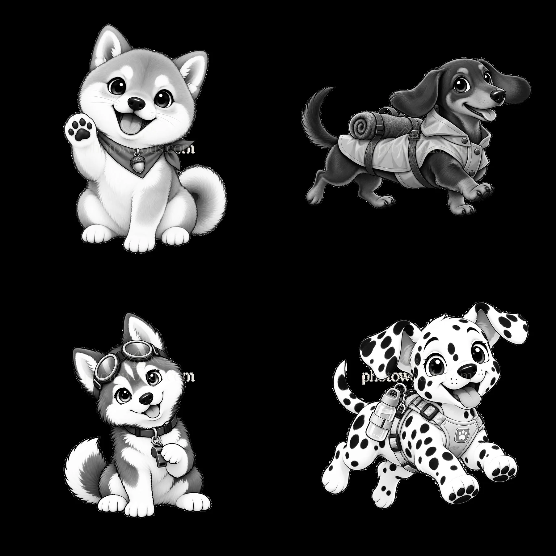 Cute cartoon K-9 dogs in a playful layout with accessories - AI-generated stock image