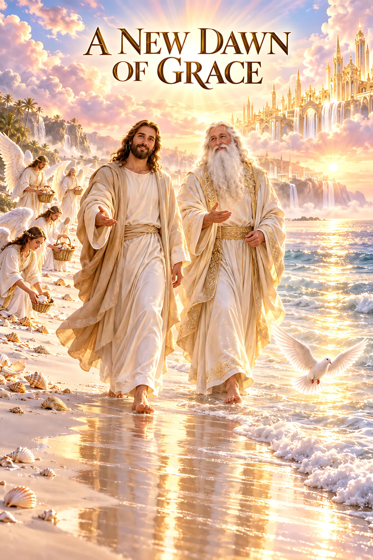 Walking on the shore with figures in white robes at sunrise - AI-generated stock image