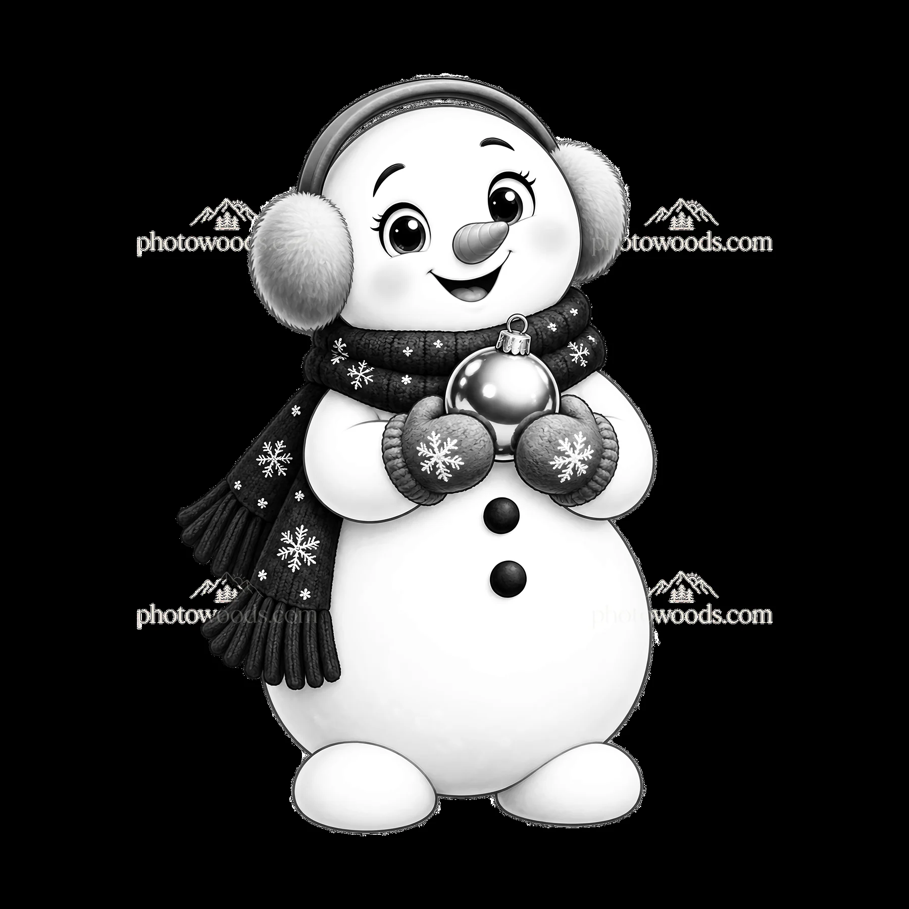 Snowman holding a Christmas ornament with a scarf and earmuffs - AI-generated stock image