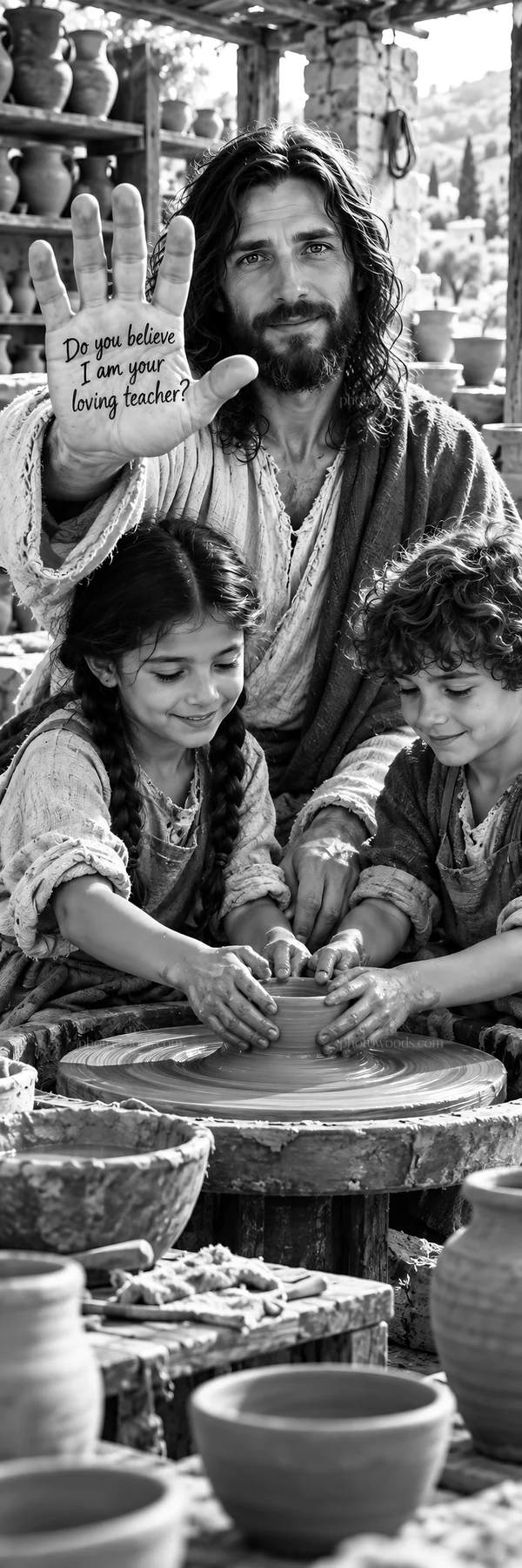 Jesus Christ teaching children to create pottery - AI-generated stock image