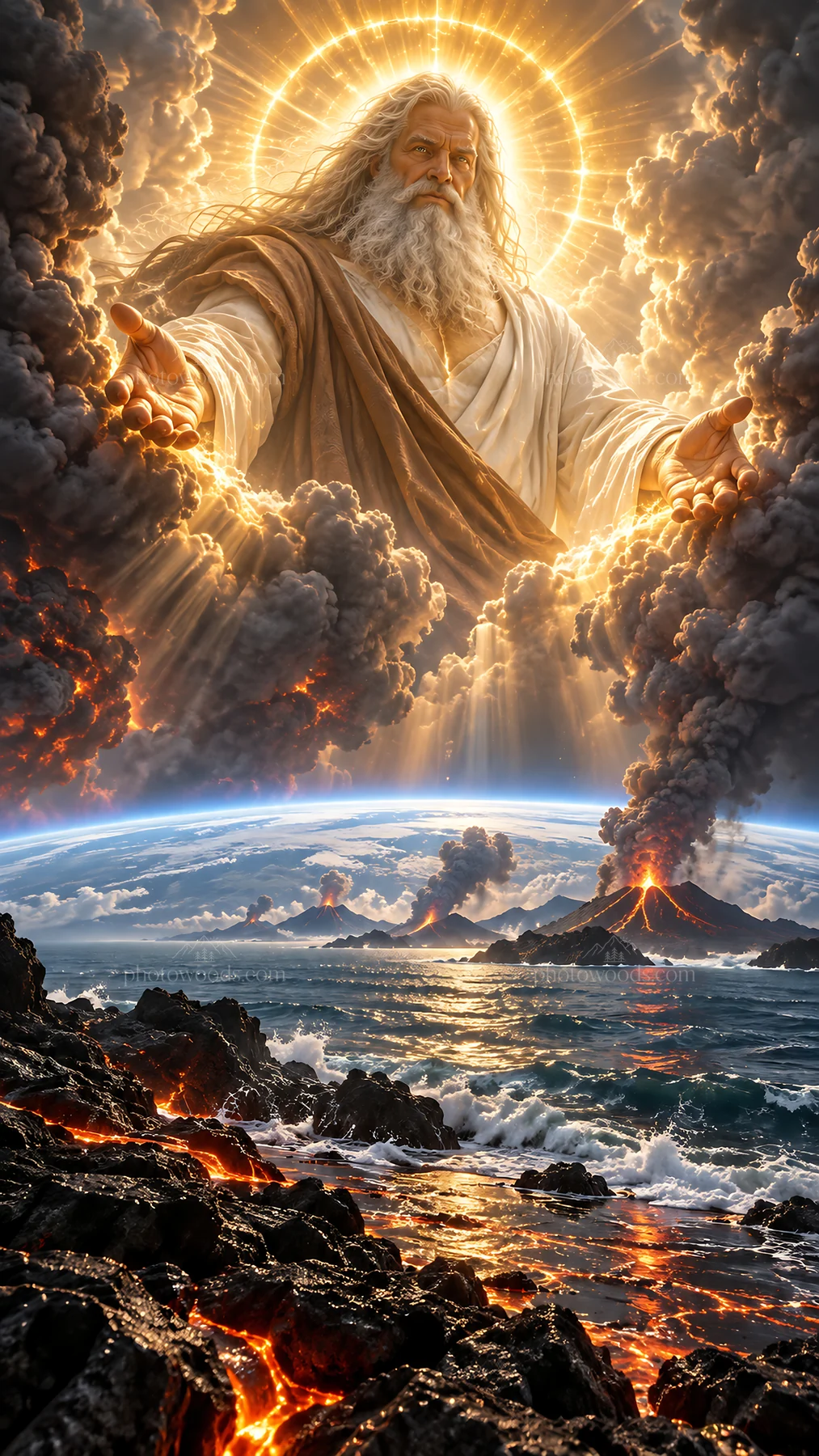 Jesus Christ embraces the world amidst chaos and creation - AI-generated stock image