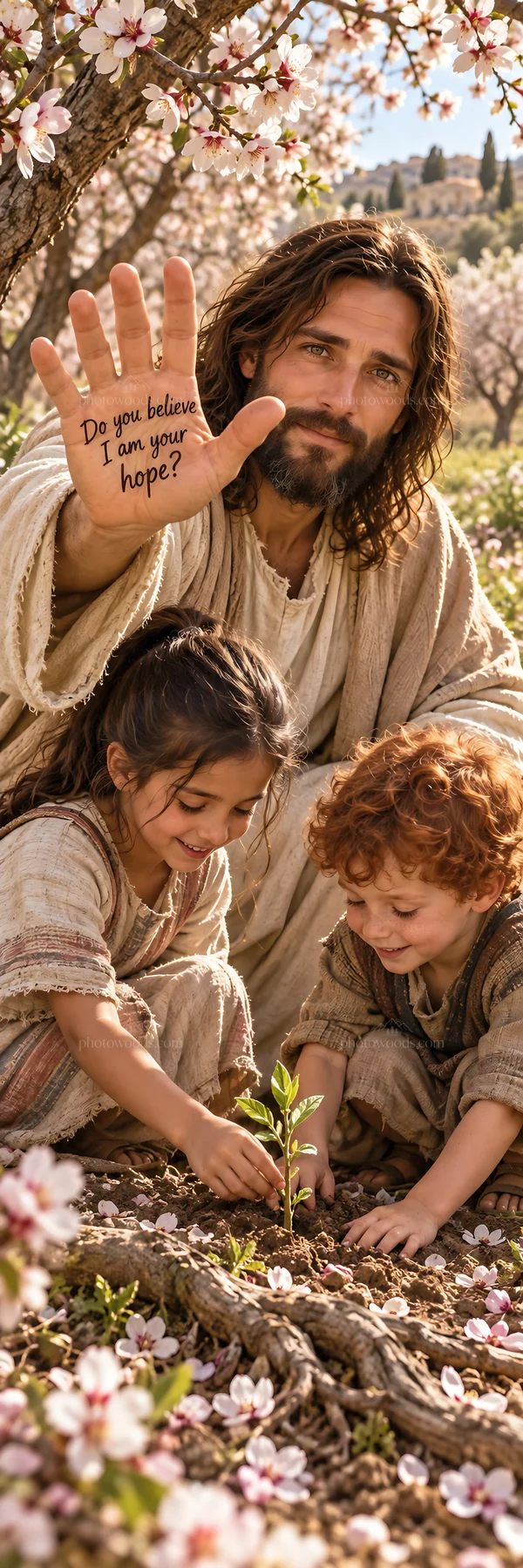 Jesus Christ shares hope with children in a blooming garden - AI-generated stock image