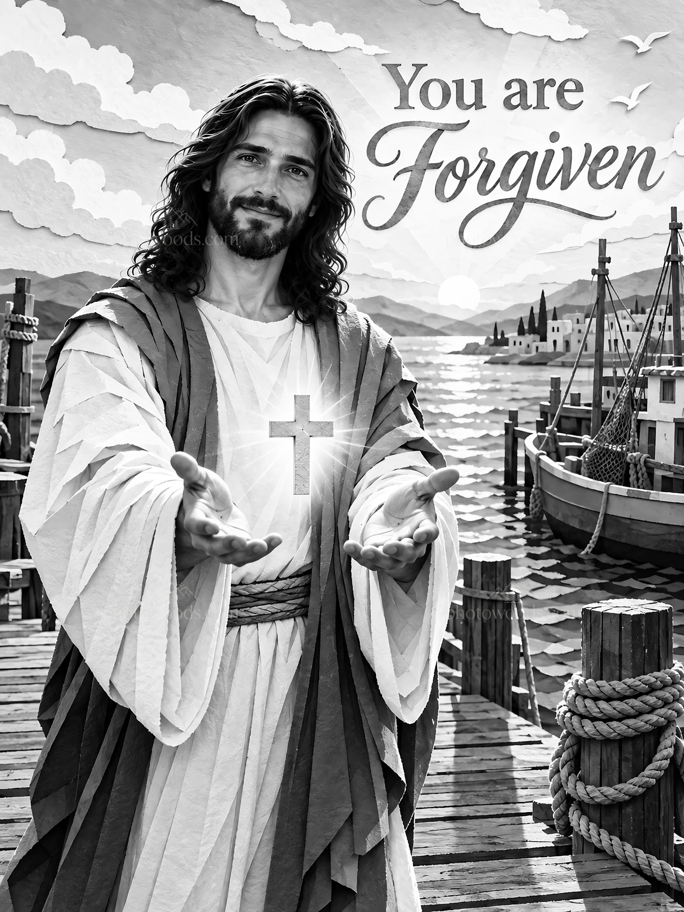 Jesus Christ offering forgiveness by the water - AI-generated stock image