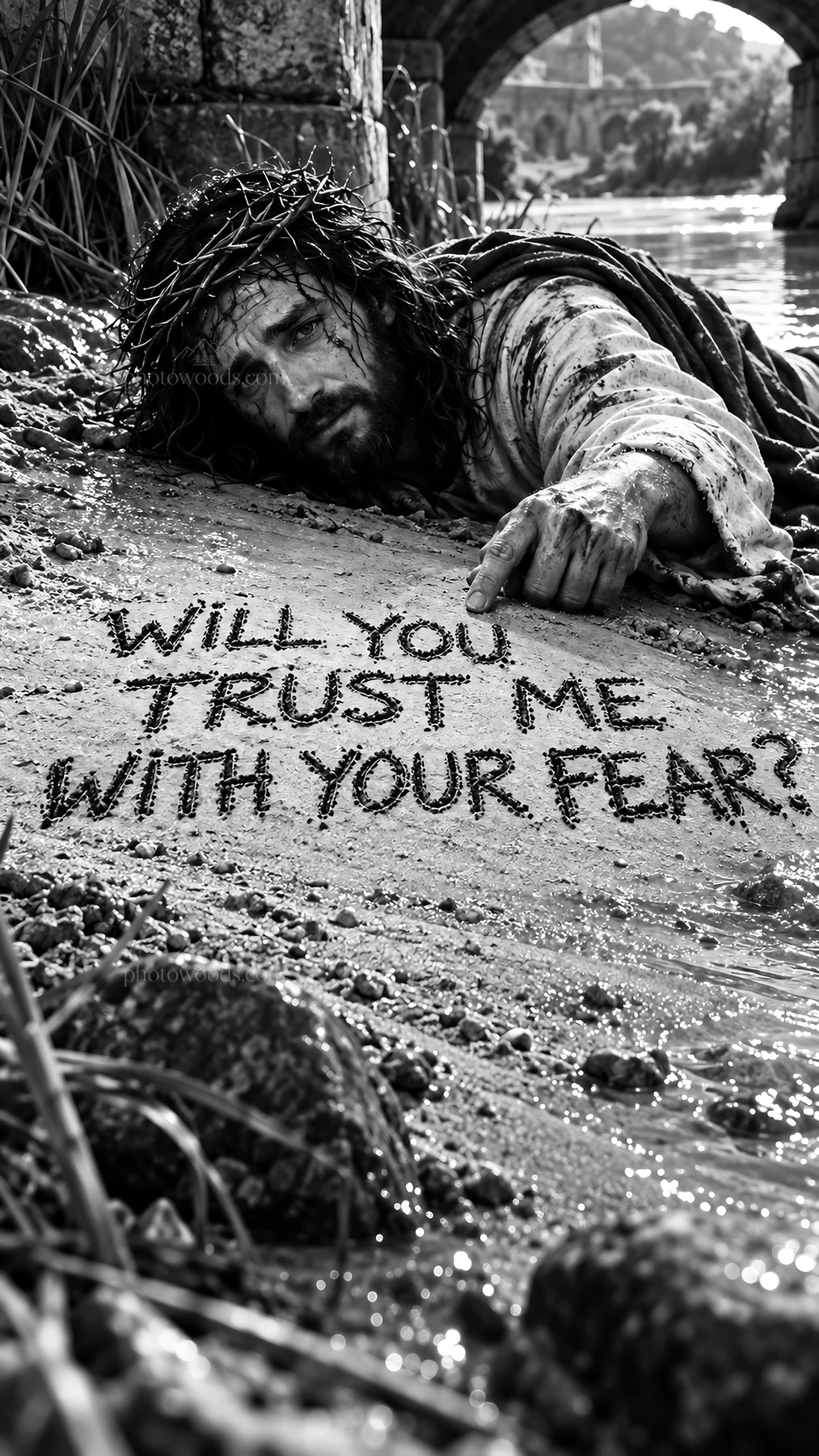 Jesus Christ writing in the sand and asking about fear - AI-generated stock image