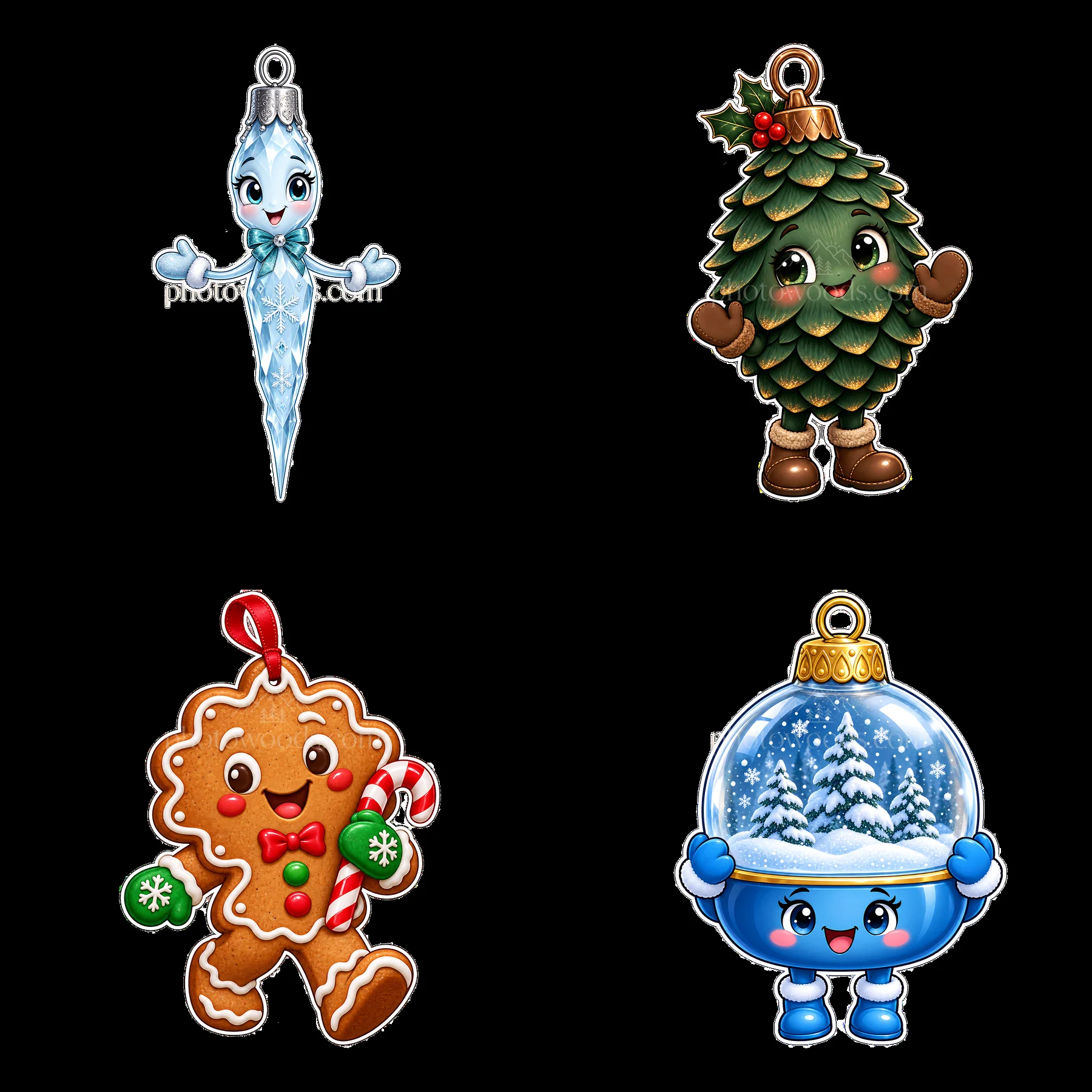 Four cartoon stickers show Christmas ornaments - AI-generated stock image