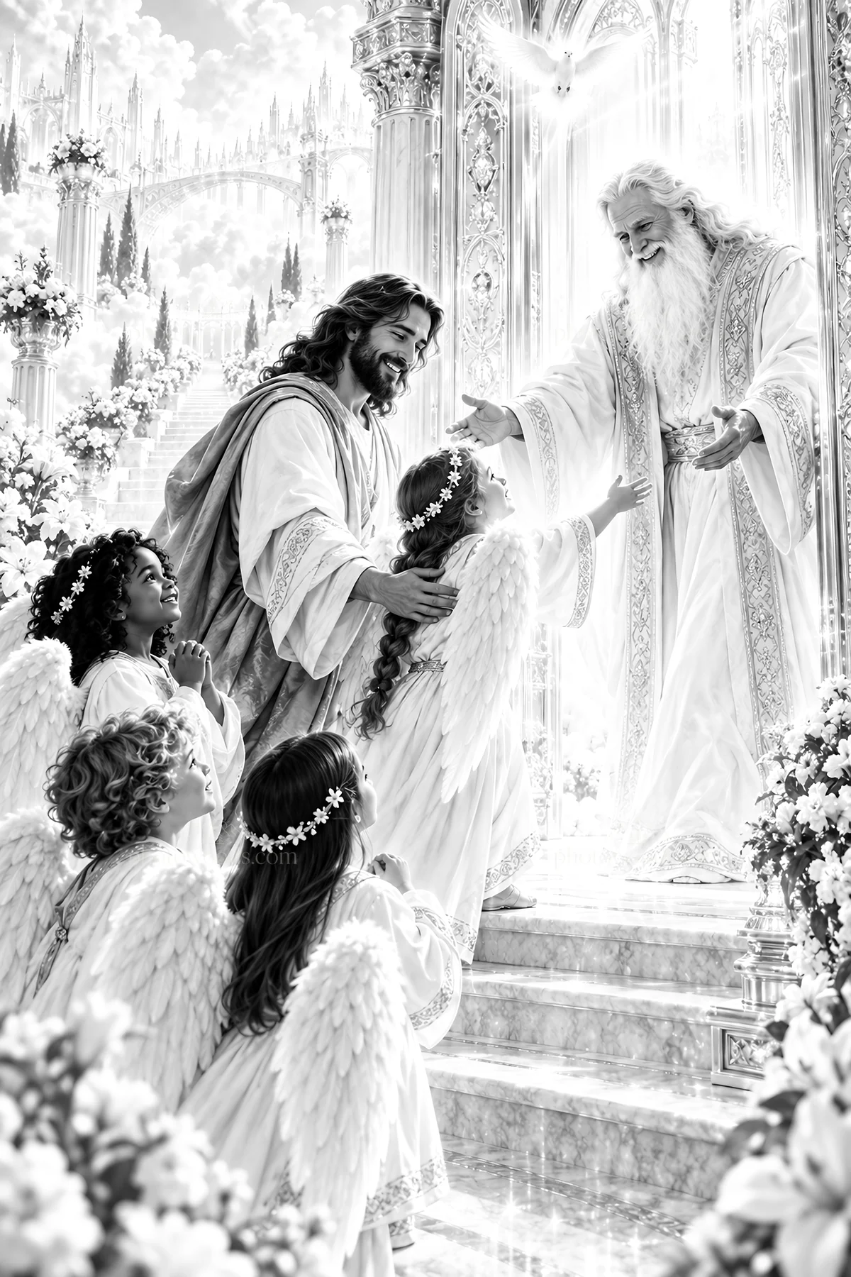 Jesus Christ welcoming children in a heavenly setting - AI-generated stock image