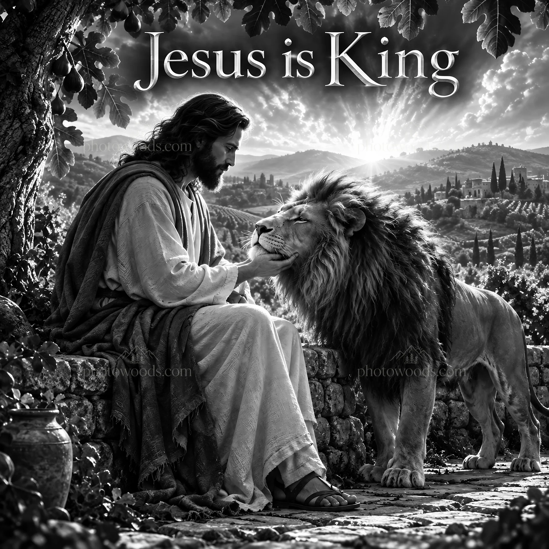 Jesus Christ comforts a lion in a peaceful garden setting - AI-generated stock image