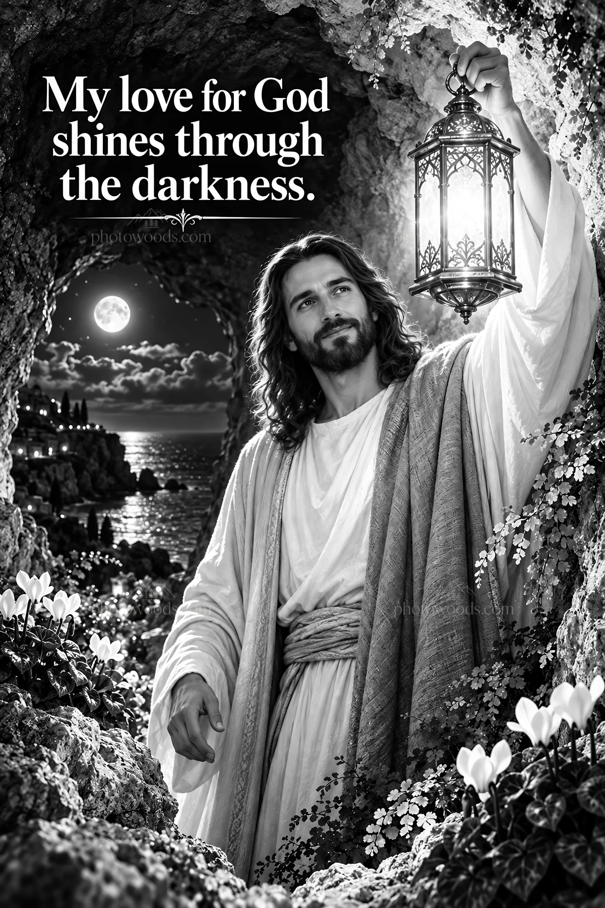 Jesus Christ holding a lantern in a dark landscape - AI-generated stock image