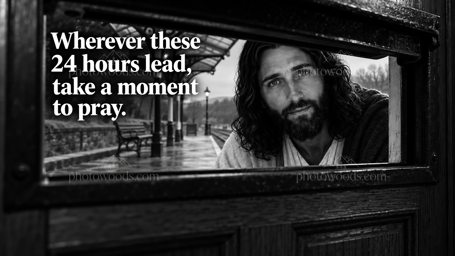 Jesus Christ encouraging prayer through a doorway - AI-generated stock image