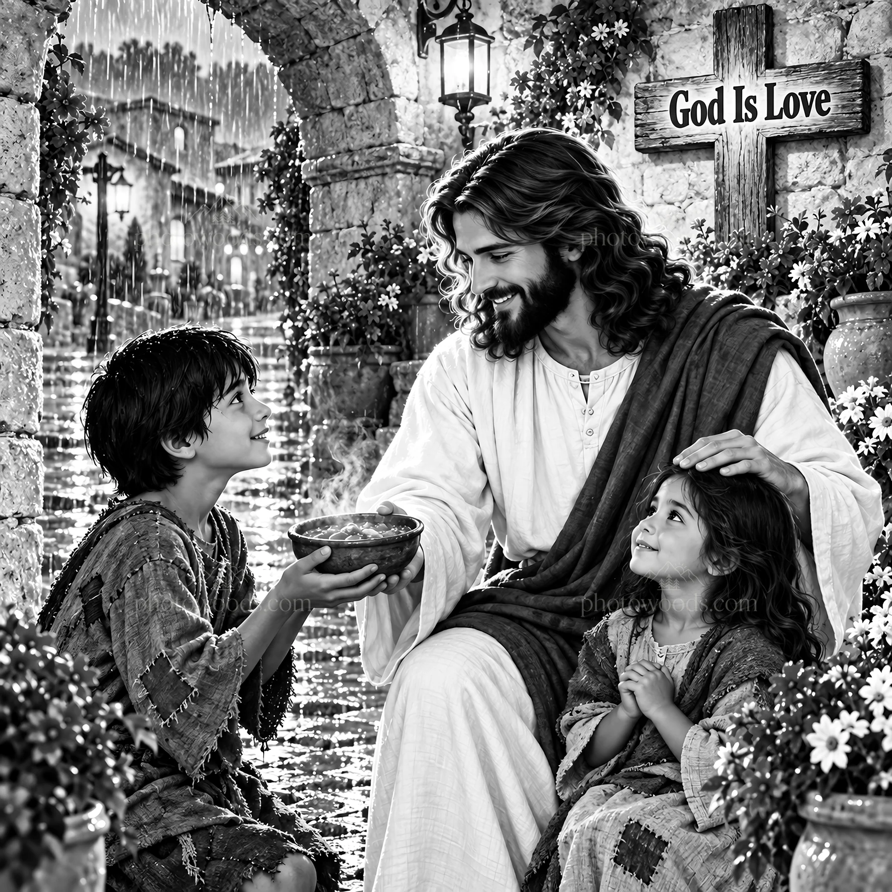 Jesus Christ sharing a meal with children in a garden setting - AI-generated stock image