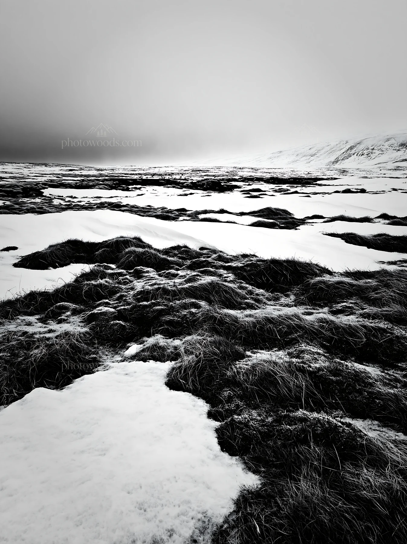 Snowy highland meadow with grass and snow patches - AI-generated stock image