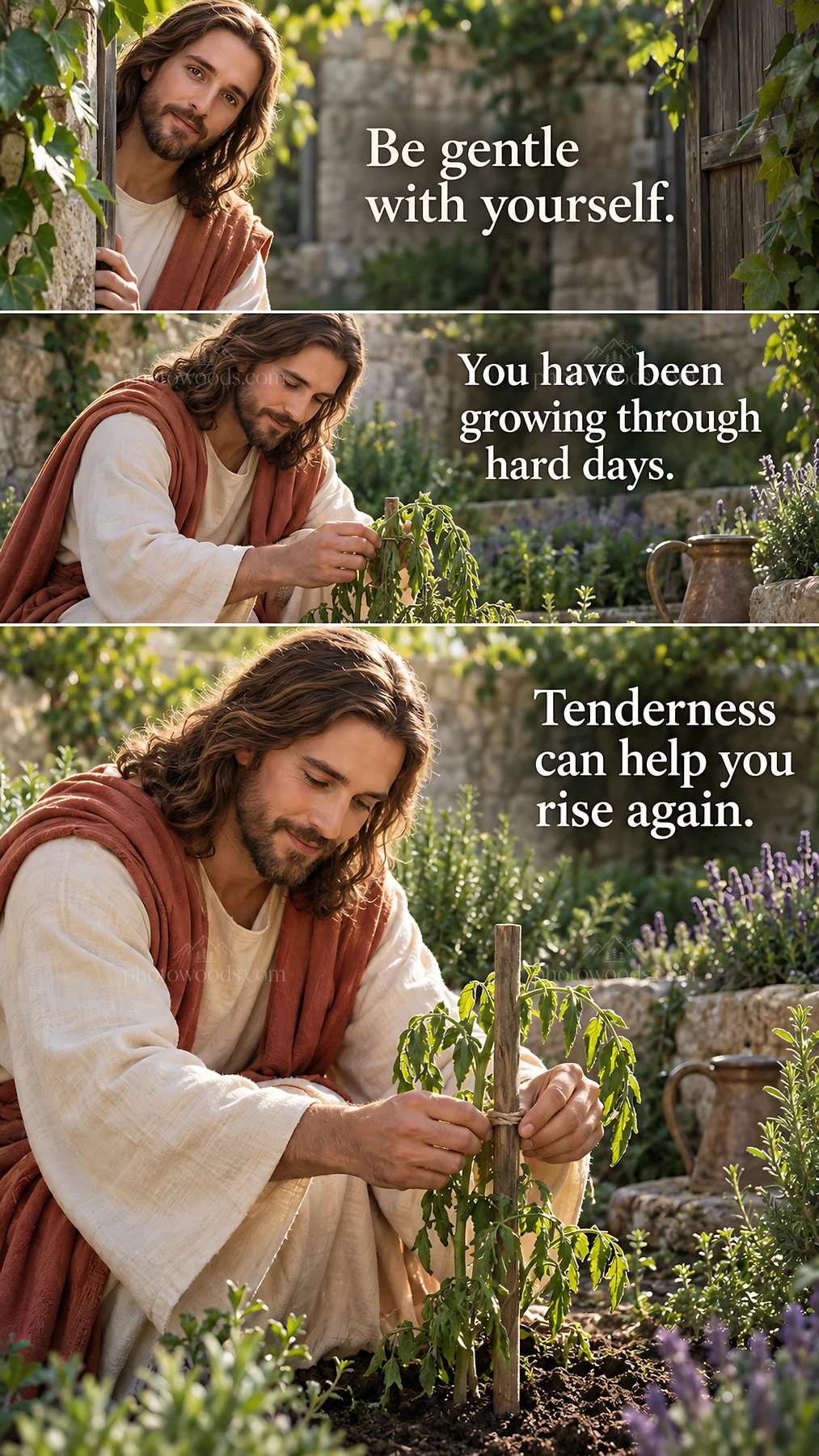 Jesus Christ planting seeds of encouragement in a garden - AI-generated stock image