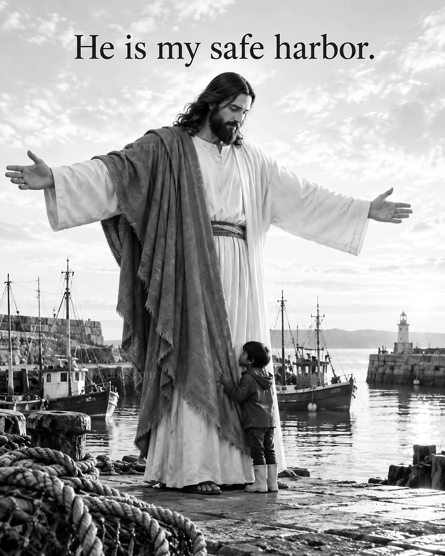 Jesus Christ welcomes a child at the harbor - AI-generated stock image