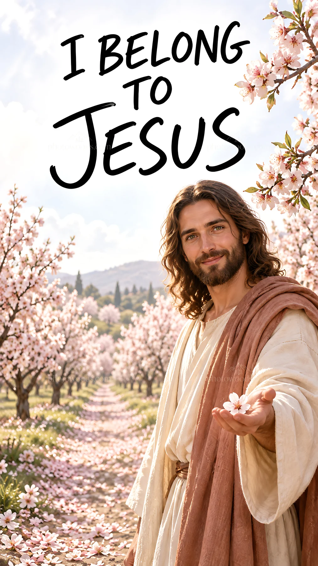 Jesus Christ in a blooming orchard inviting with an open hand - AI-generated stock image