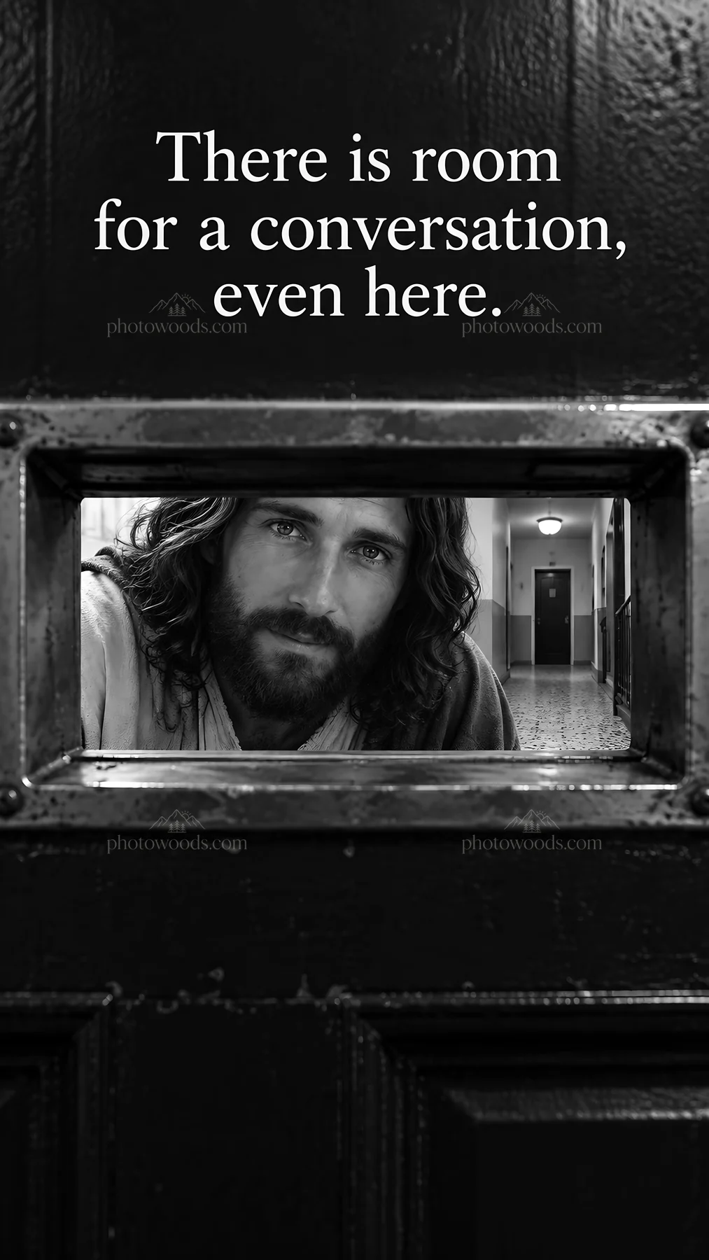 Jesus Christ welcoming a conversation through a door - AI-generated stock image
