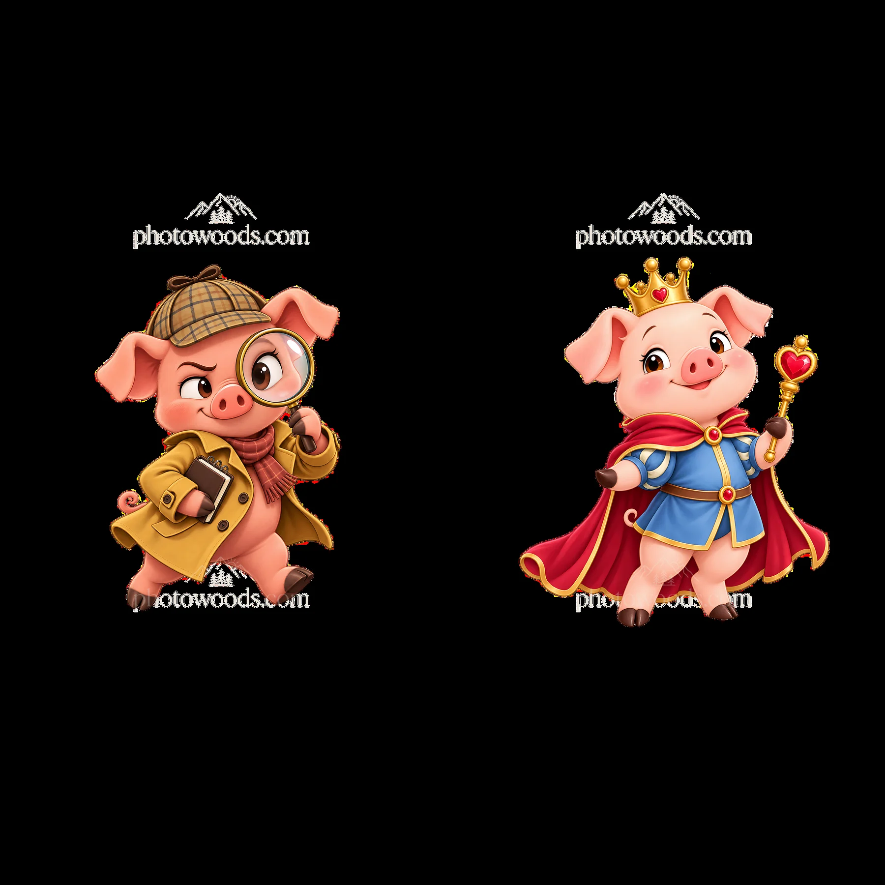Detective pig and royal pig cartoon sticker set - AI-generated stock image