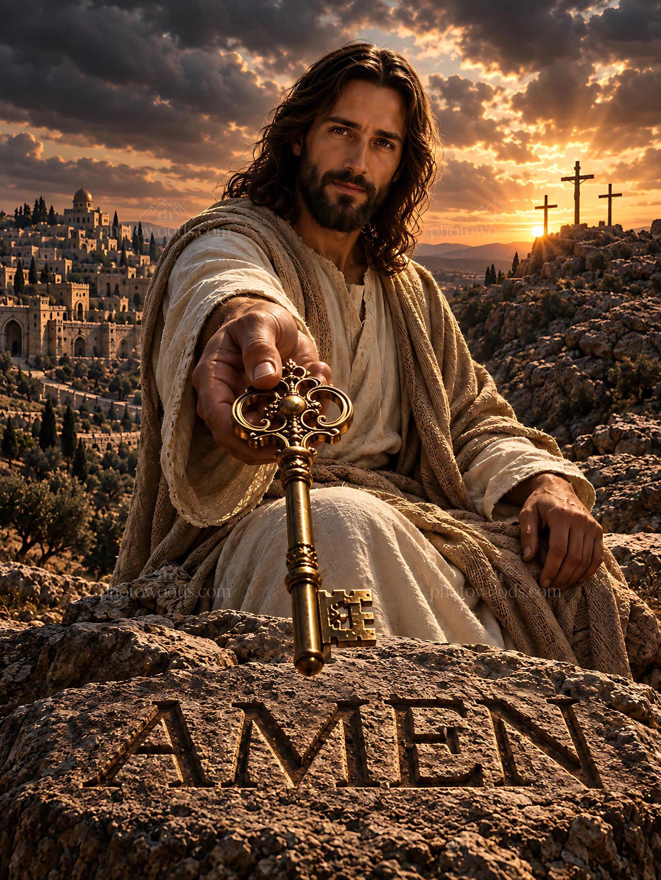 Jesus holding a key on the Hill of Mercy with crosses in background - AI-generated stock image