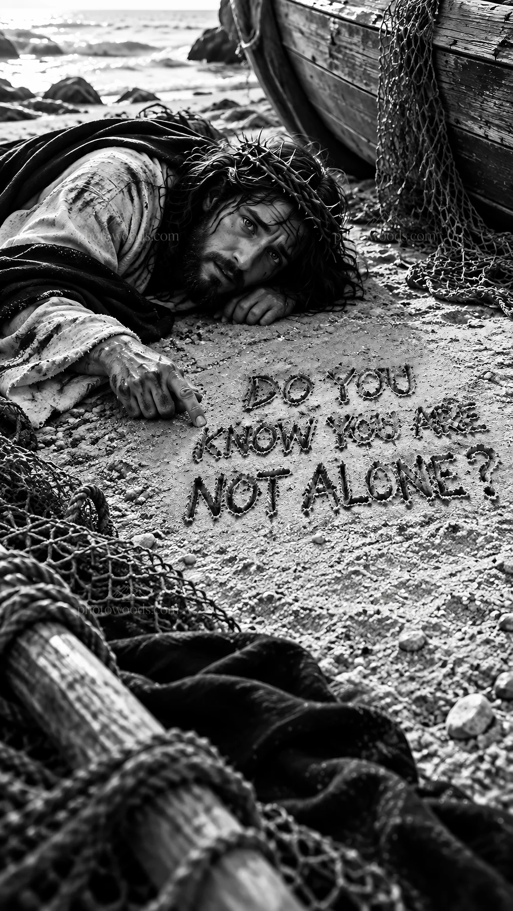 Jesus Christ writing in the sand with a message of companionship - AI-generated stock image
