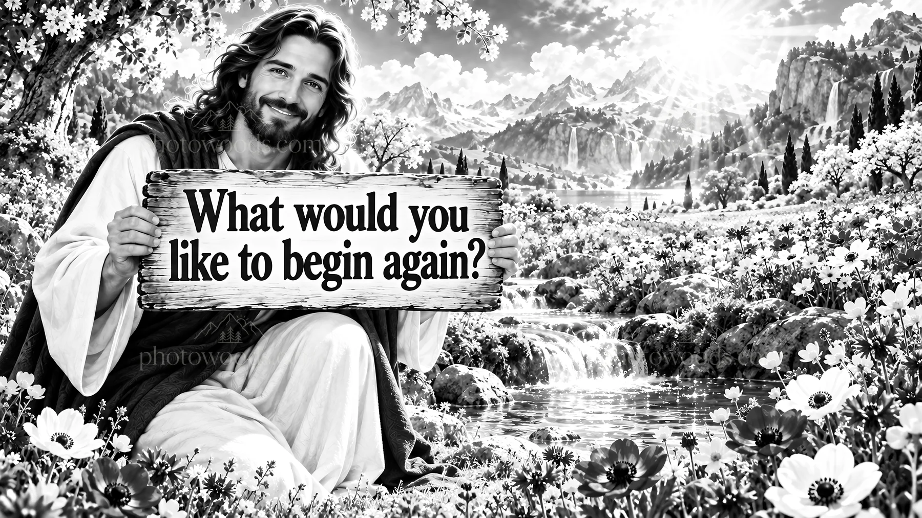 Jesus Christ inviting reflection in a peaceful landscape - AI-generated stock image