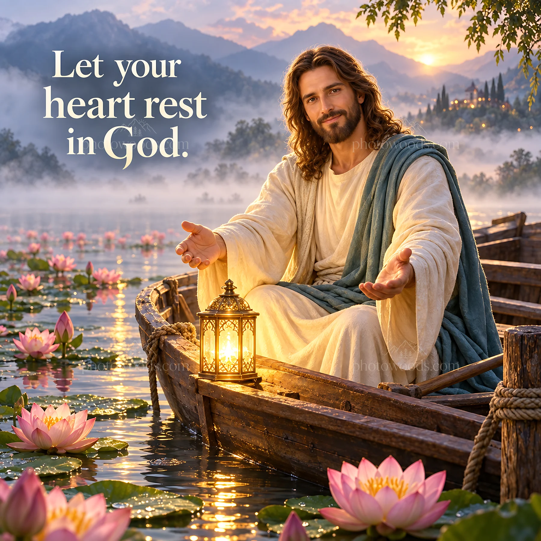 Jesus Christ welcoming with open arms on a serene lake - AI-generated stock image