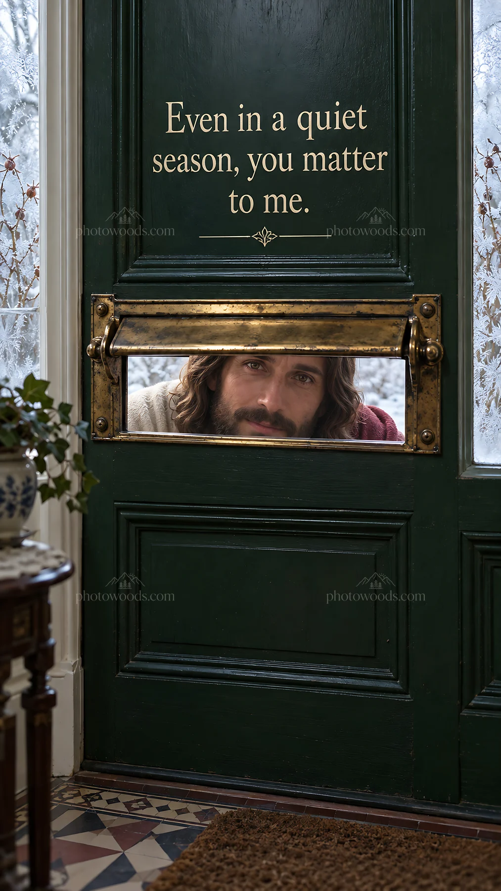 Jesus Christ looking through a door to comfort the viewer - AI-generated stock image