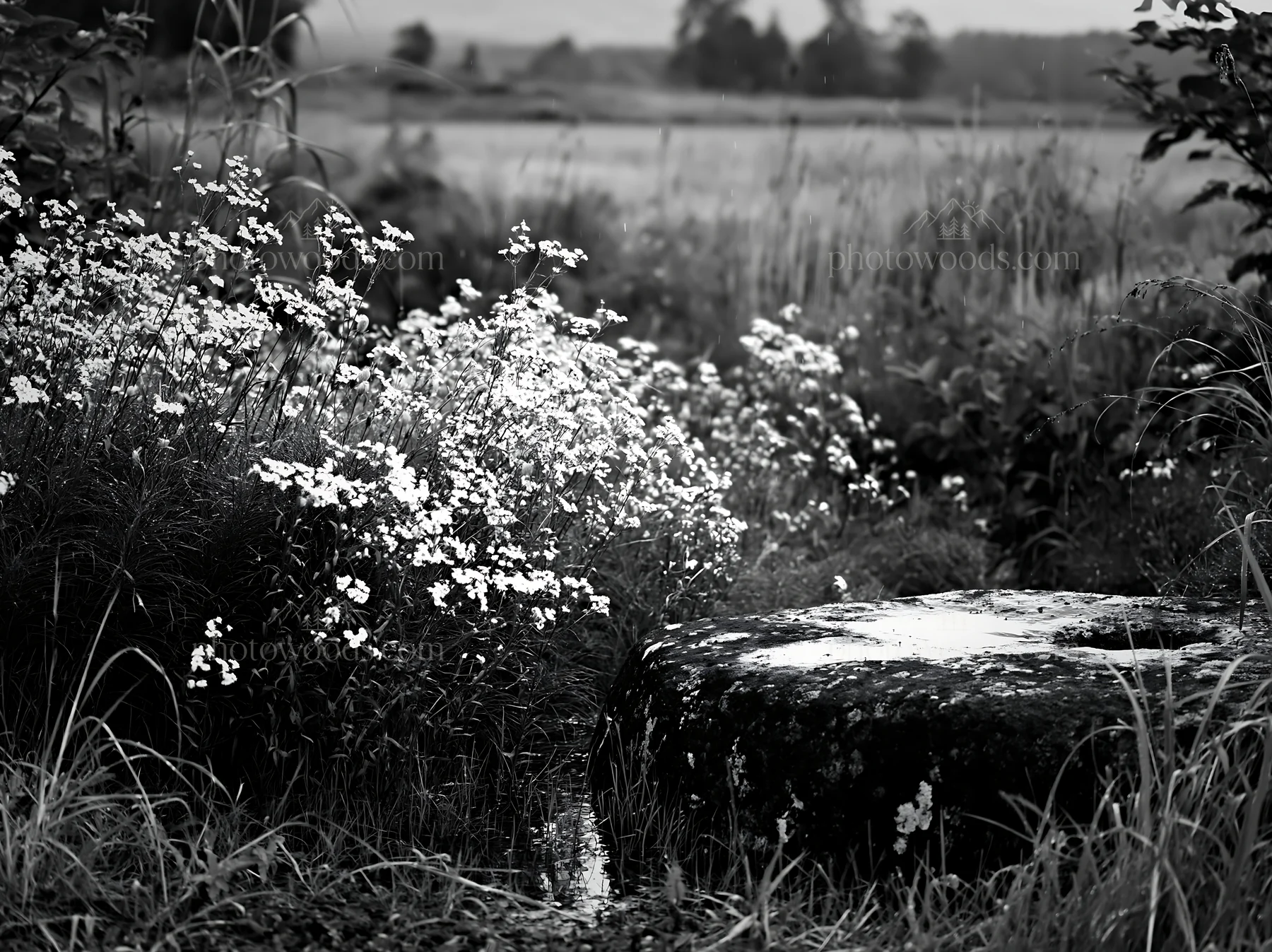 Black and white aomori climate resilient meadow with boulder - AI-generated stock image