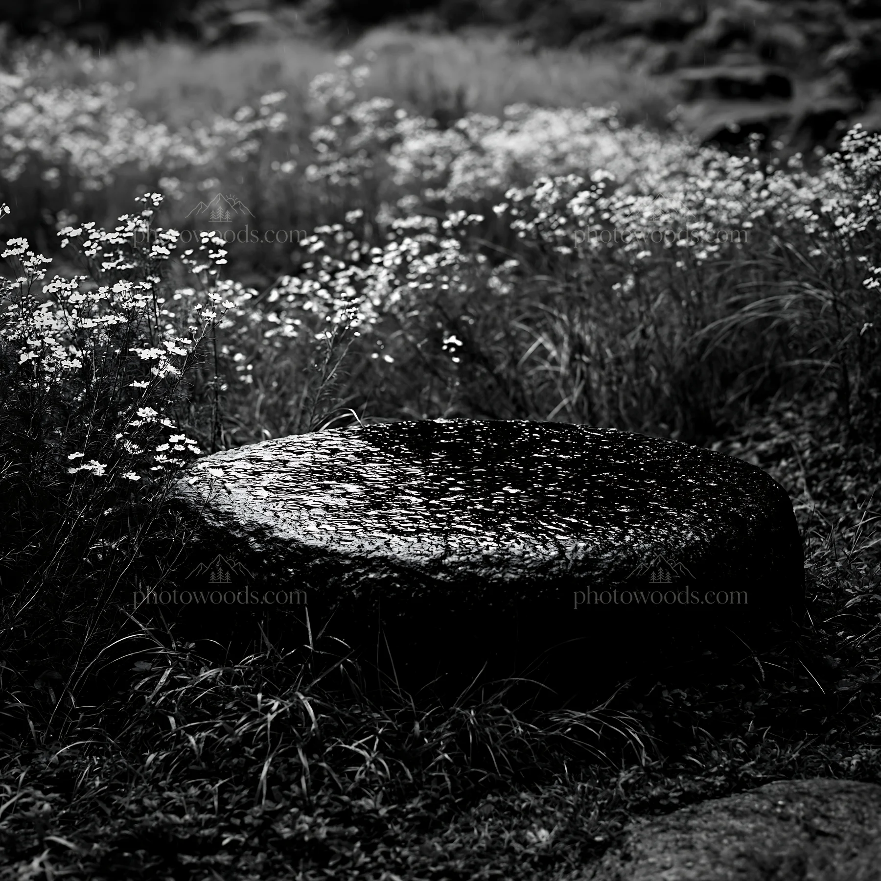 Black and white hiroshima rainy meadow smooth rock foreground - AI-generated stock image