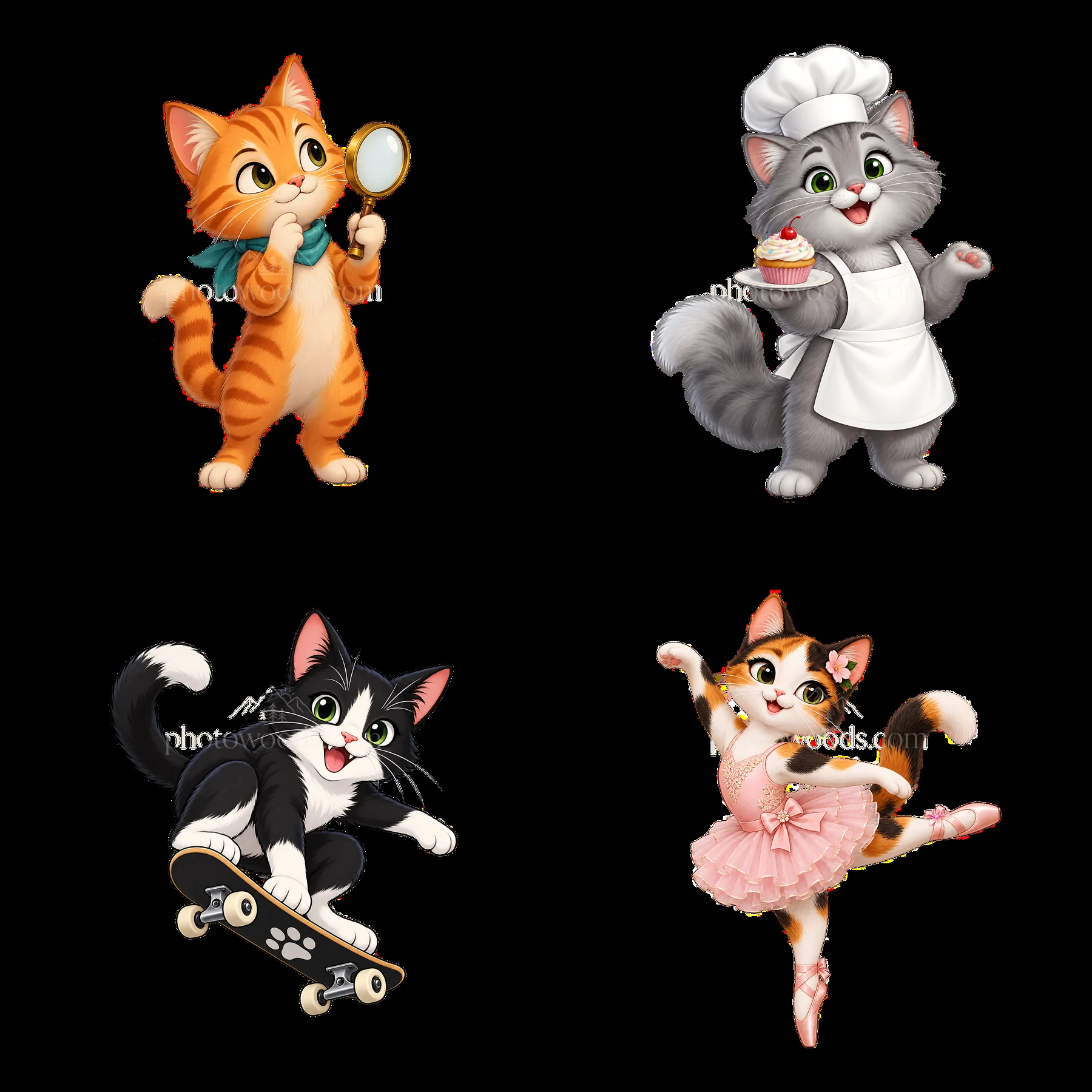 Four playful cartoon cats in various fun activities - AI-generated stock image
