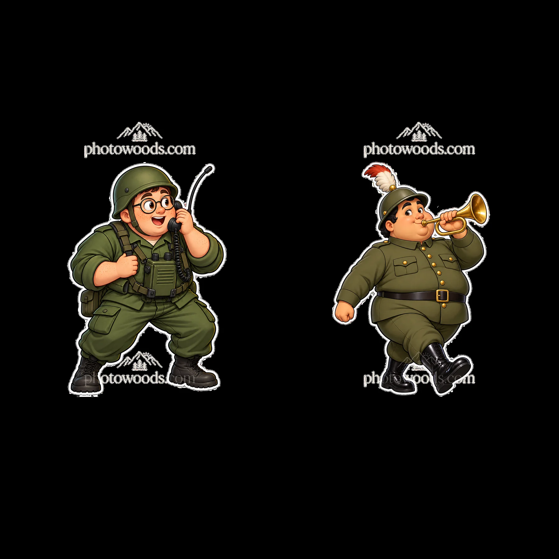 Cute ultra-chubby soldier duo with radio and trumpet - AI-generated stock image