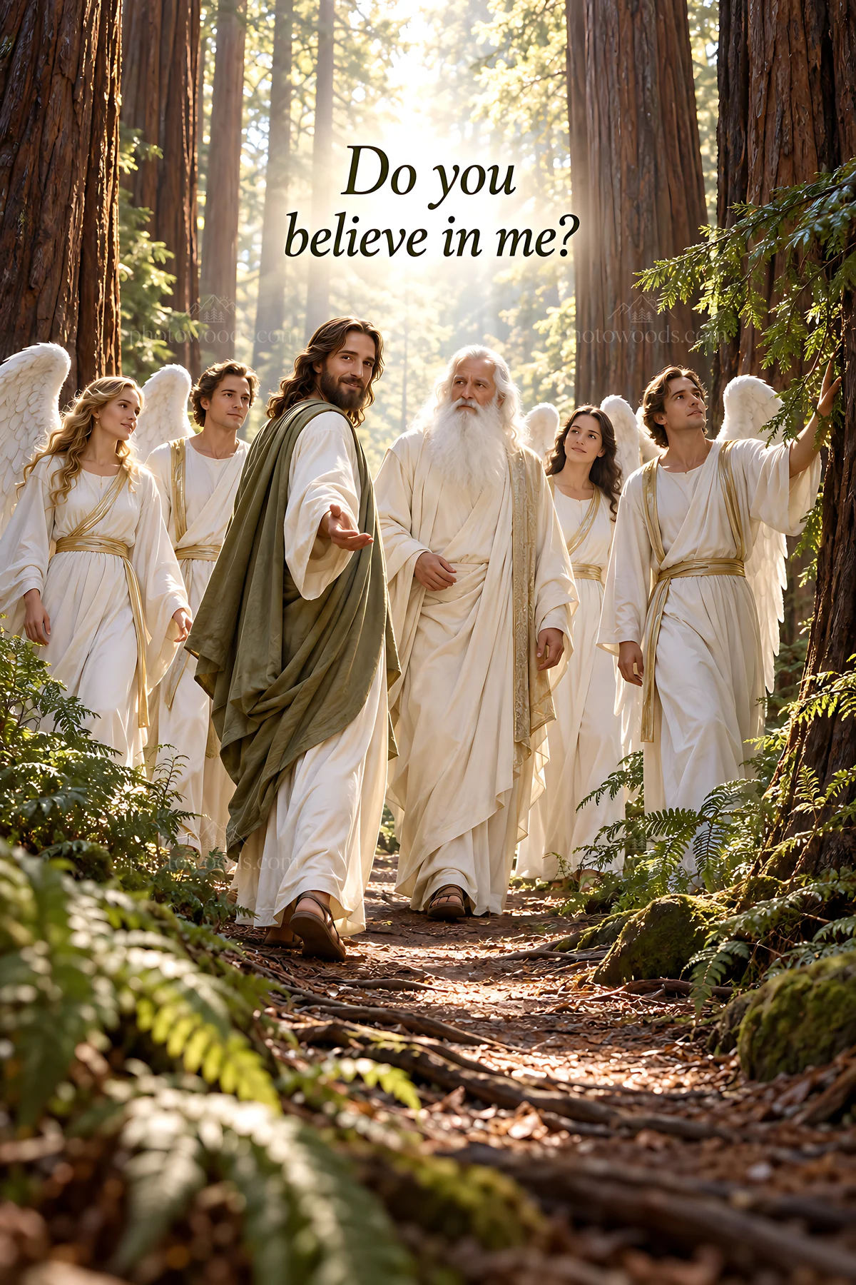 Group of figures walking through a forest - AI-generated stock image