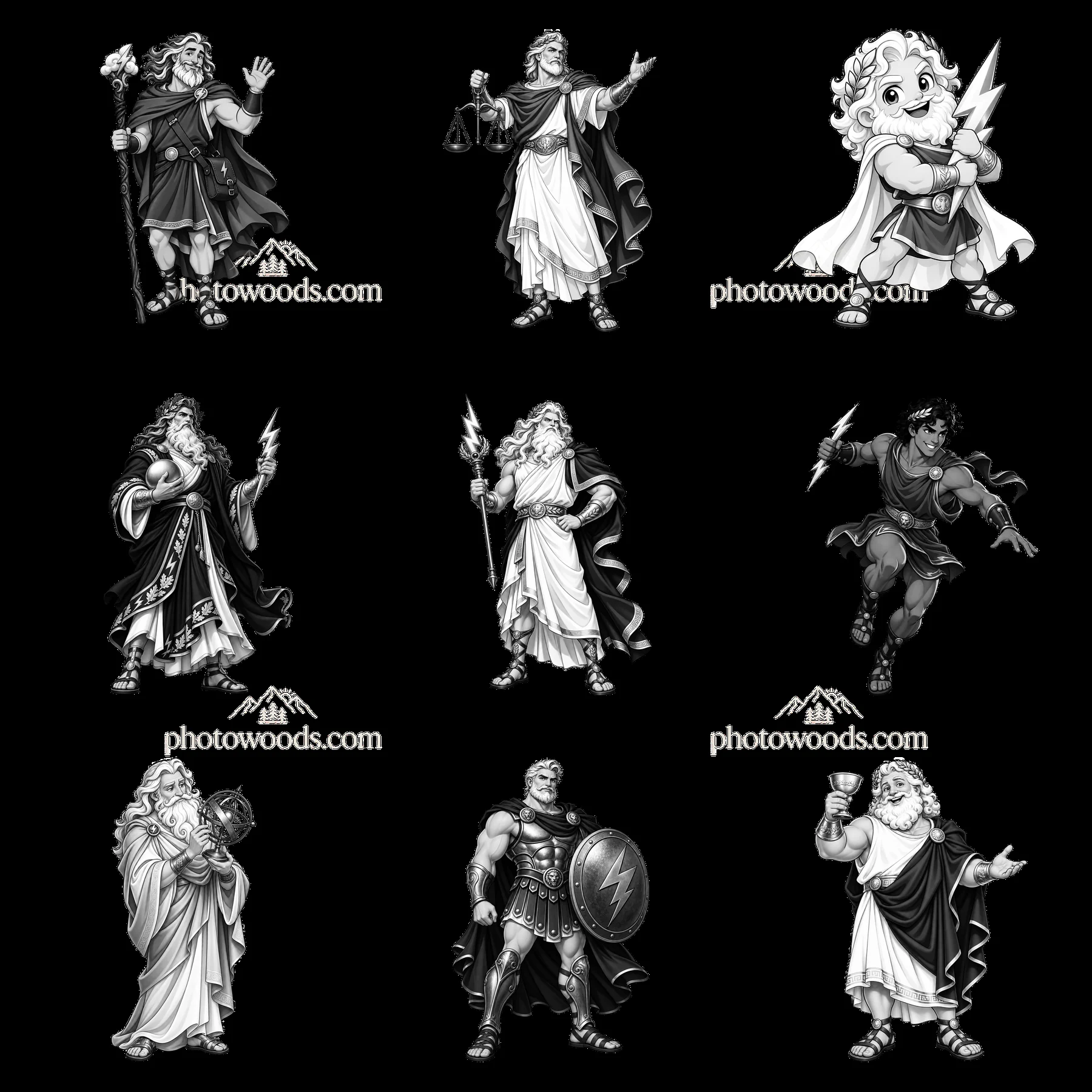 Zeus and Greek gods in monochrome cartoon stickers in grid layout - AI-generated stock image