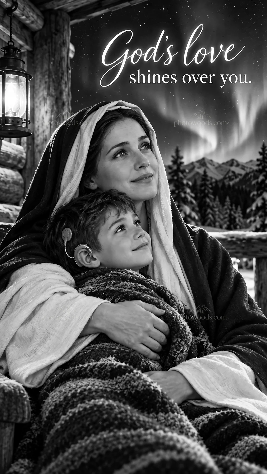 Jesus Christ comforts a child during a winter night - AI-generated stock image